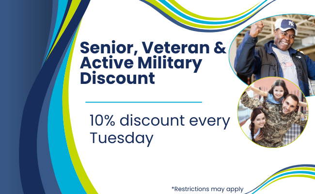 Senior, veteran, and active military 10% discount every Tuesday
